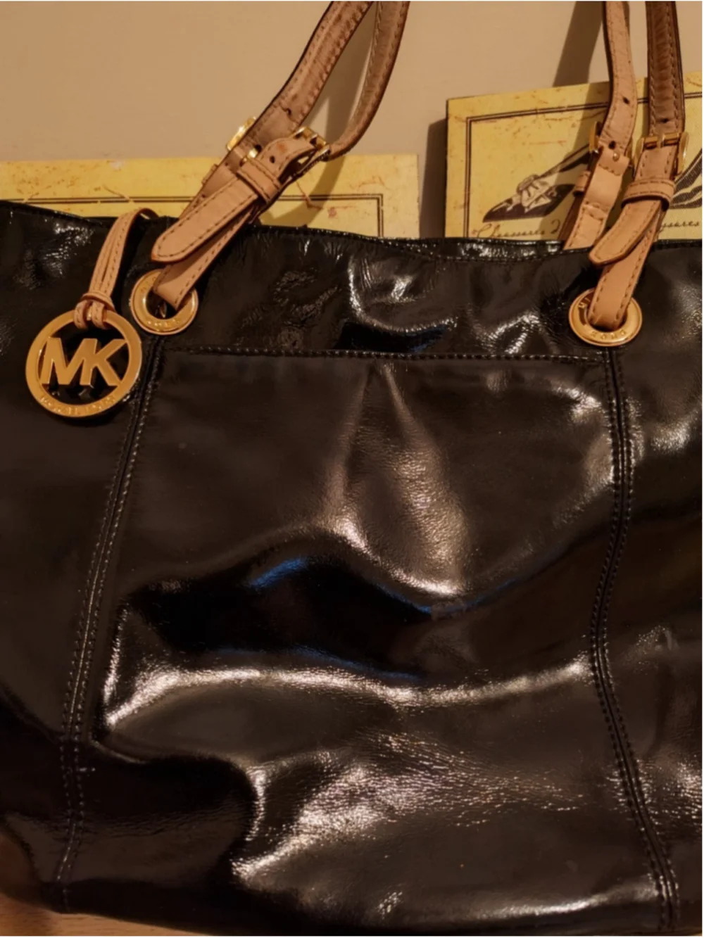 MICHAEL KORS Black MK Logo Monogrammed Patent Leather Tote Purse Handbag Medium